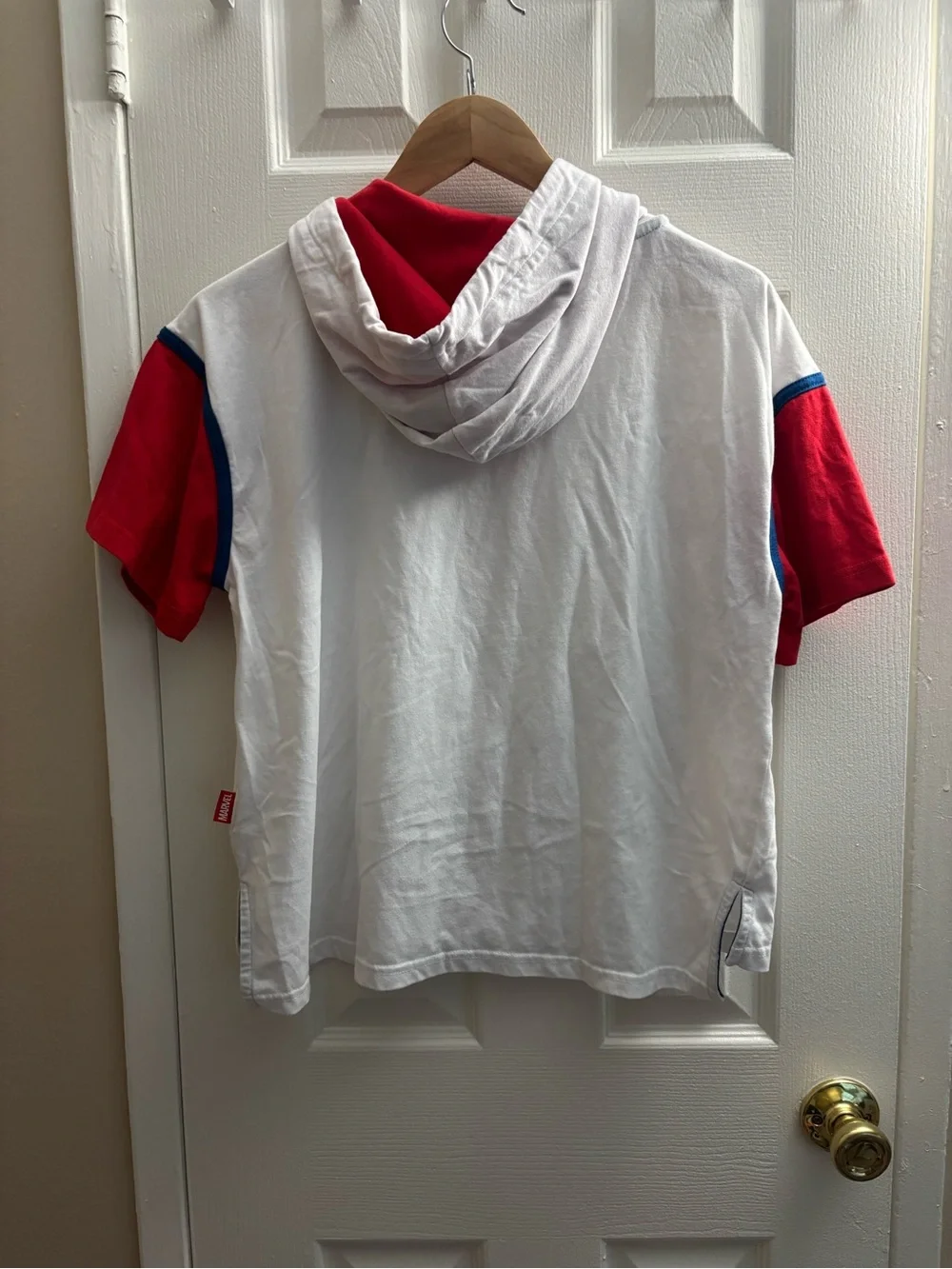 Marvel White Hooded Short-Sleeve Top with Red Sleeves and Blue Logo